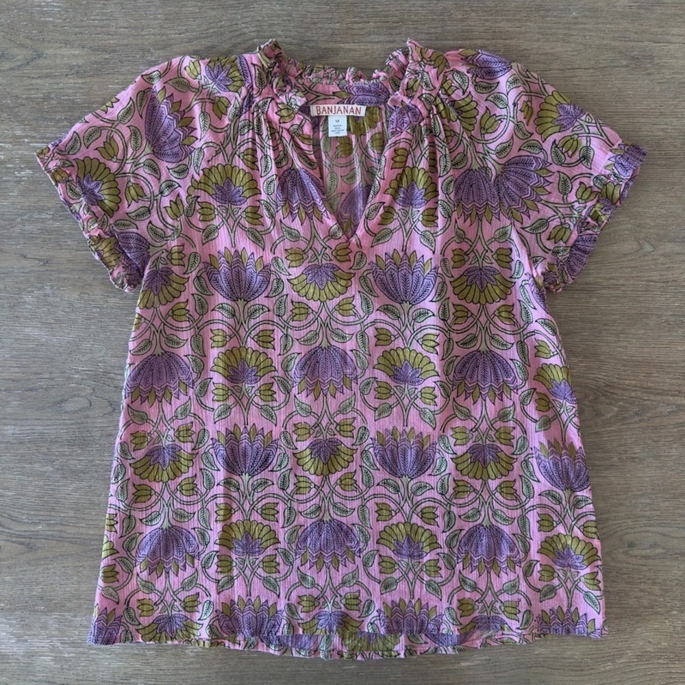 BANJANAN Banjanan Pink Lotus Top-Short Sleeve Cotton Floaty Top-Pink Floral-Sz M